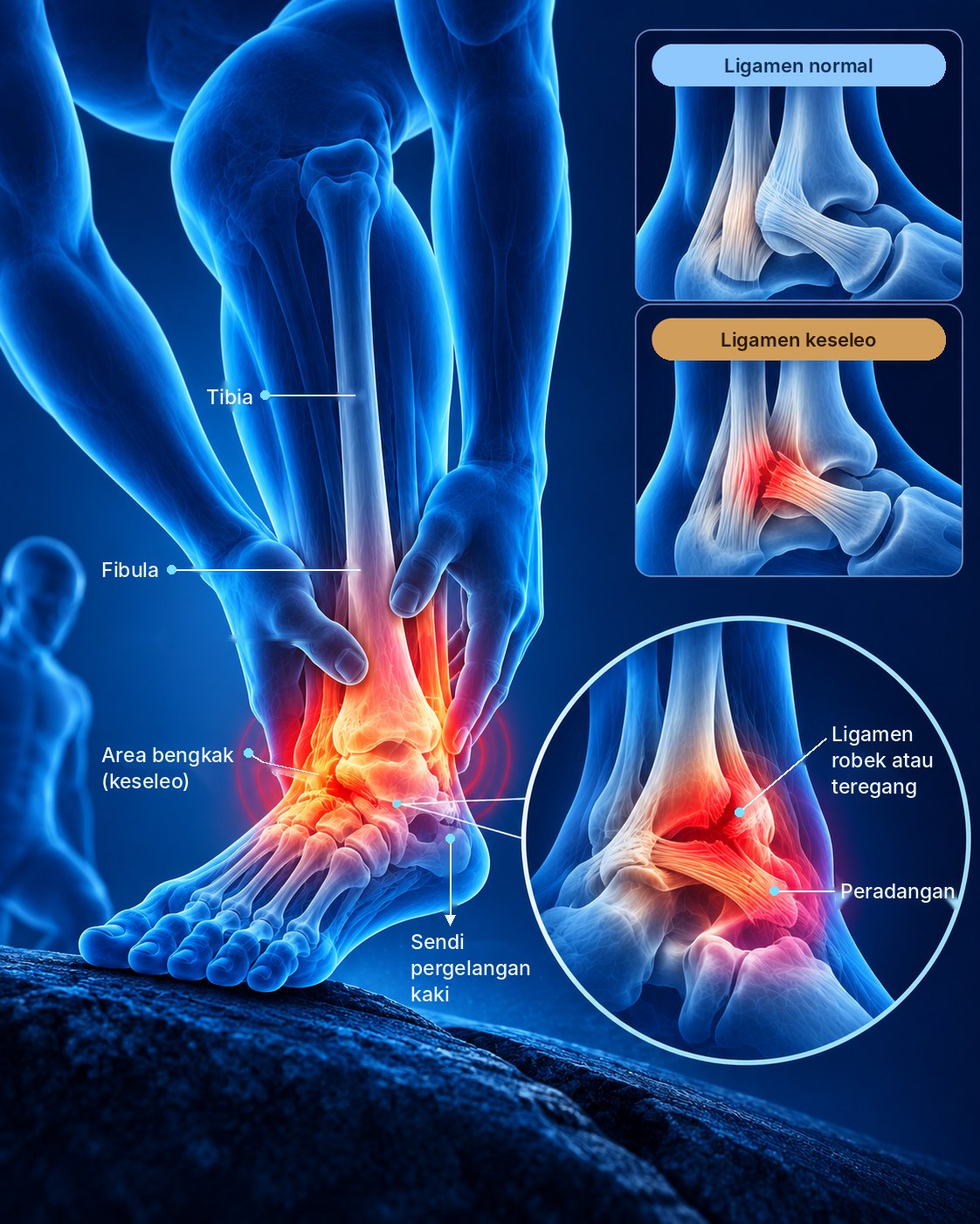 Ilustrasi lengkap pergelangan kaki keseleo, ligamen normal dibandingkan ligamen keseleo
